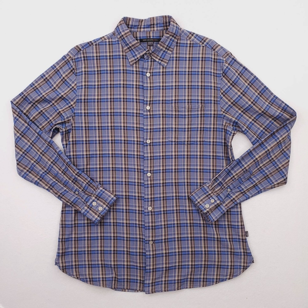 John Varvatos Shirt Mens Large Blue Gray Plaid Tartan Lightweight Preppy